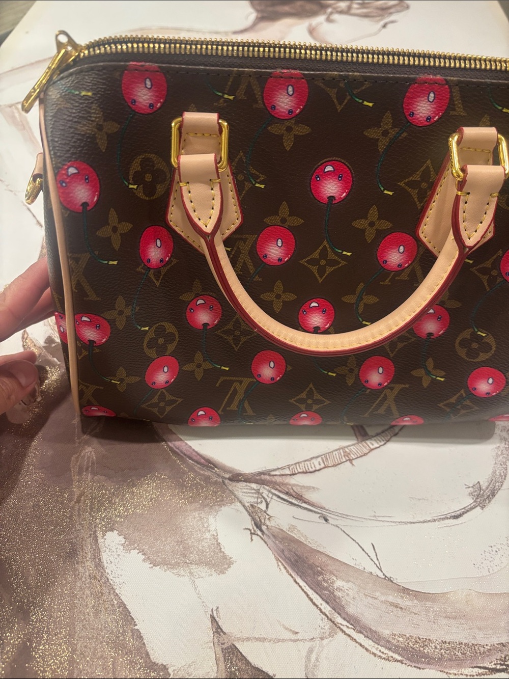Unbranded Brown LV Monogram Satchel with Pink Cherry Motif